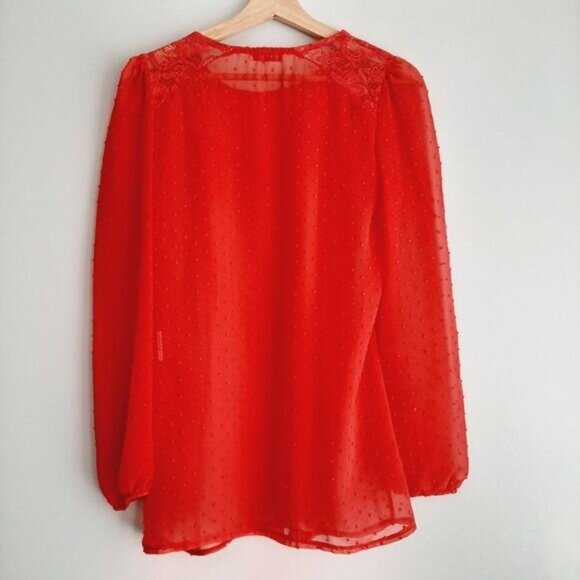 NUNA LIE Swiss Dot & Lace Semi-Sheer Lightweight Blouse Top Coal Red Sz S - Picture 8 of 12